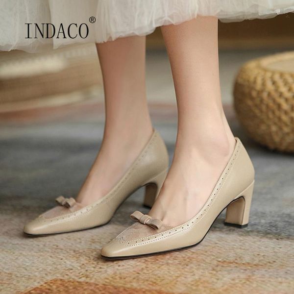 

dress shoes women pumps genuine leather square toe thick heel 6cm bow decoration party brown apricot, Black
