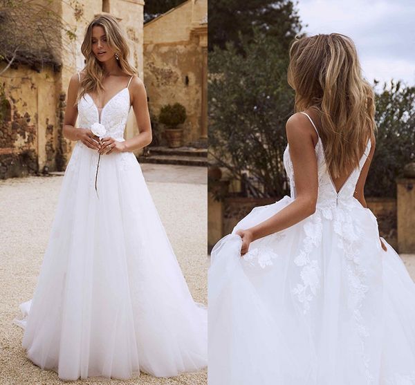 

bohemian wedding dresses beach 2021 lace appliques spaghetti strap wedding gowns romantic vintage bride dress, White
