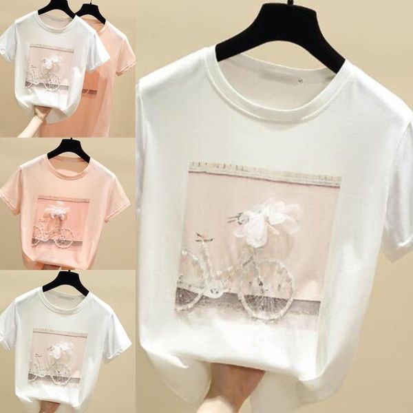 

women summer short sleeve t-shirt female printing cotton shirts round neck, White