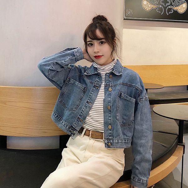

2021 new women's solid color autumn korean loose thin jacket female long sleeve short denim jackets ladies coat k1v8, Black;brown