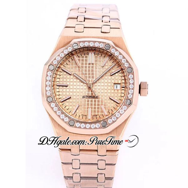 

37mm 15451 a21j automatic womens watch 18k rose gold diamonds bezel champagne texture dial stainless steel bracelet 2 styles sports ladies w, Slivery;brown