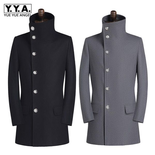 

men turtleneck woolen coat single-breasted pockets wool blend cotton windbreaker korean style casual jackets autumn winter, Black