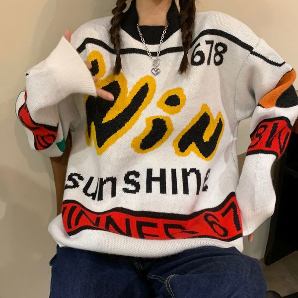 

2021 new autumn retro letters round neck contrast color knitted pullover long sleeve sweater trendy women fashion warmth bus7, White;black