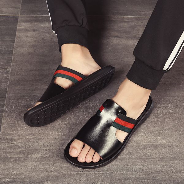

official website 70% off outlet genuine leather summer slippers men outdoor breathable fashion brand beach shoes flip flops indoor slides ma, Black