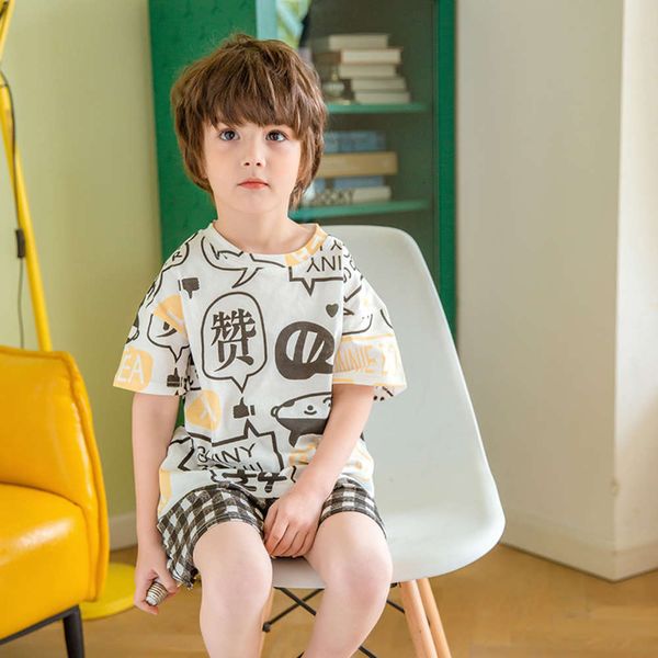 

2021 children's pajamas suit summer thin short sve pure cotton boys' home cloth, Blue;red