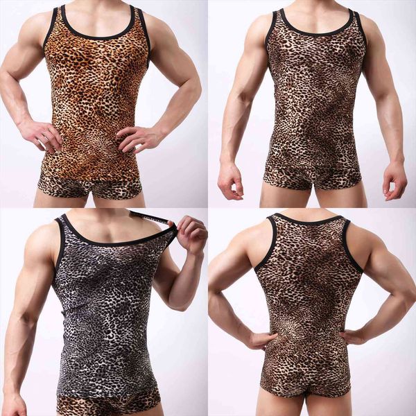 

mens fashion leopard tank summer stylish sleeveless slim fitting stretch gym sports fitness wear soft casual vest, White;black