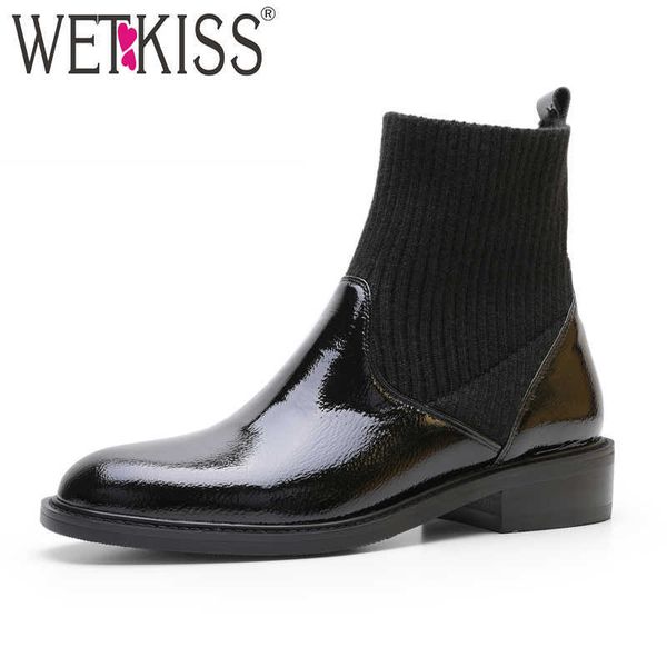 

wetkiss patent leather women ankle boots round toe footwear sock female boots fashion stretch knitting shoes woman spring 210630, Black