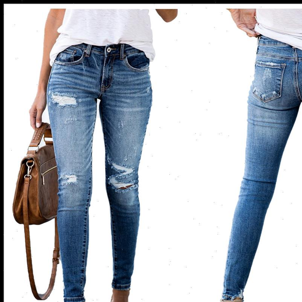 

fall retro mid waist ripped womens jeans fashion slim skinny denim pencil pants casual stretch s 2xl, Blue