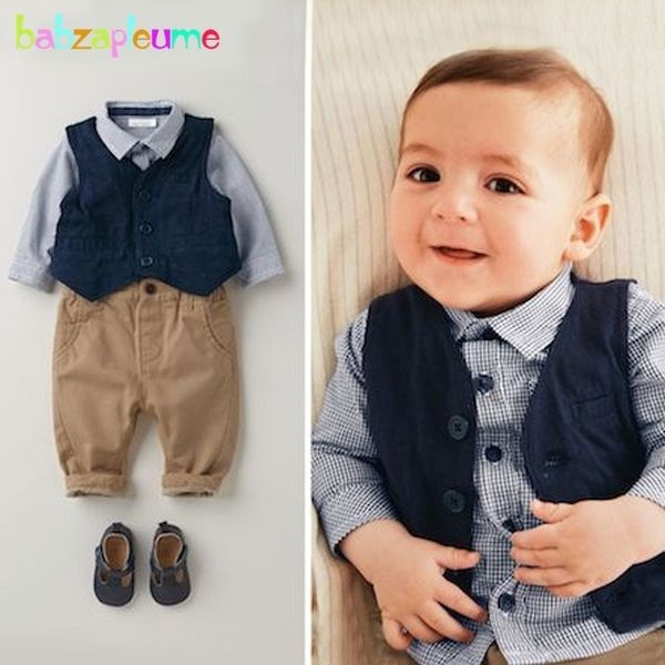 3pcs / 0-18months / primavera outono recém-nascido bebê meninos roupas cavalheiro terno colete + t-shirt de xadrez + calças infantil conjuntos de roupas bc1060 210309