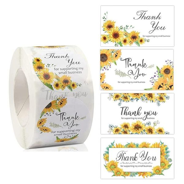 

gift wrap sunflower thank you business cards sticker adhesive labels roll customer appreciation small package insert