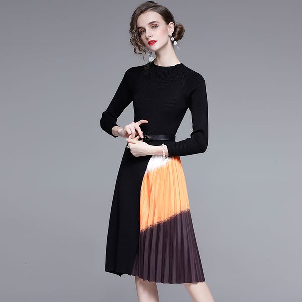 

casual dresses elegant knitted patchwork gradient orange pleated women long sleeve sweater office midi with belt y70r, Black;gray