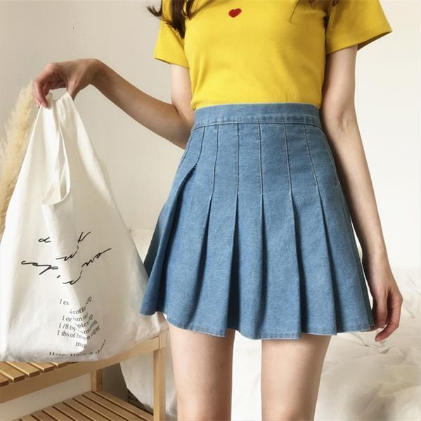 

girls denim high waisted womens skirt pleated skater tennis school uniform, Black