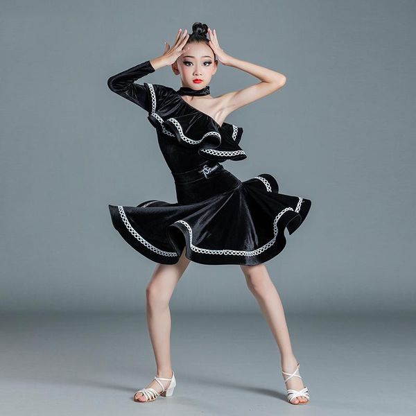 

stage wear girls latin dance competition dress black velvet single-sleeve cha rumba costume ballroom clothes practice, Black;red