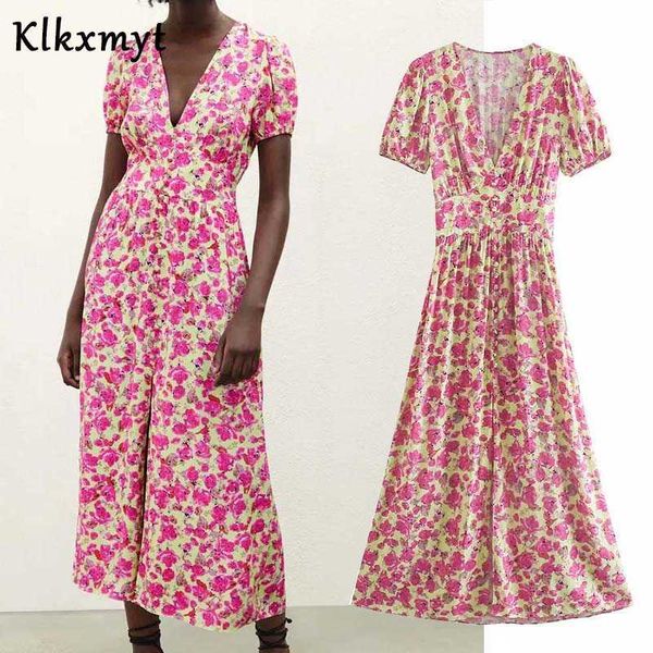 Klkxmyt Za Frauen Blumendruck Kleid Frau Sommer Midi Kleider Elegante Boho Kurze Puffärmel Party Vestido 210527