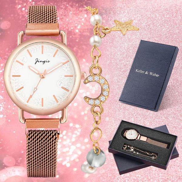 

wristwatches women's coffee color watch bracelet set mesh strap gift for lovers and relatives, Slivery;brown