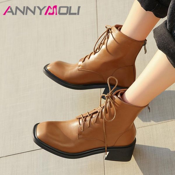 

boots annymoli med heel ankle woman lace up thick shoes round toe ladies short autumn winter beige plus size 43, Black