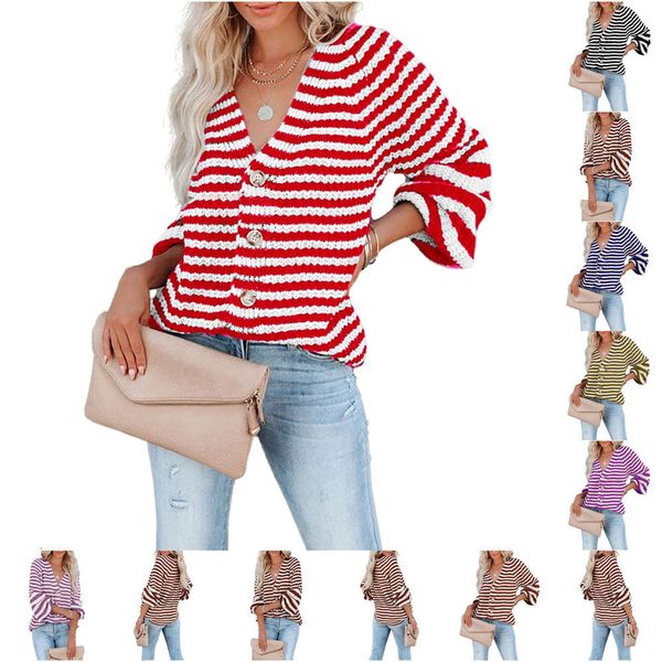 

autumn and winter striped sweater large loose brown single breasted v-neck cardigan, White;black