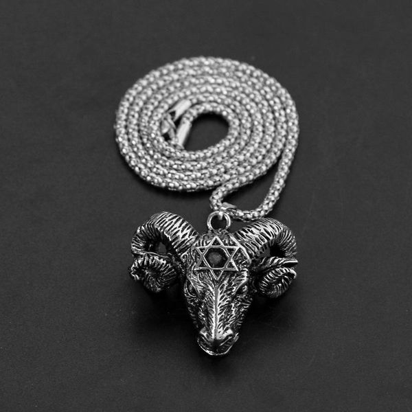 

pendant necklaces vintage six-pointed star satan ram head metal men necklace hip-hop punk domineering jewelry accessories, Silver