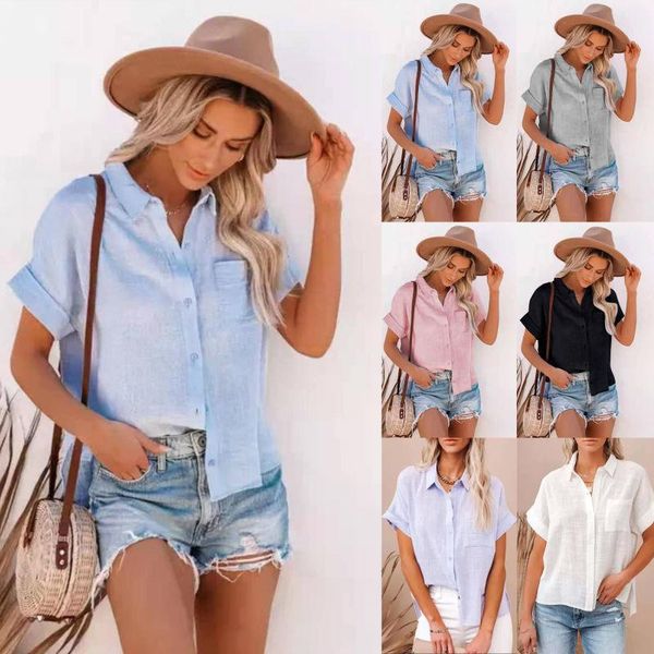 

women's polos 2021 summer cotton and linen shirt short sleeves lapel button, White