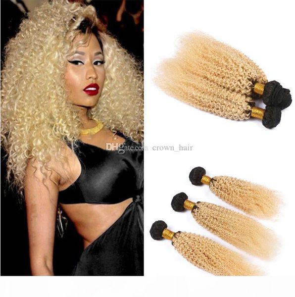

dark root 1b 613 kinky curly hair weaves two tone ombre blonde 1b 613 hair weaves ombre afro kinky curly hair weft, Black