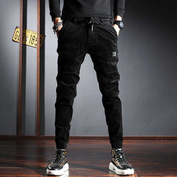 

autumn ly designer fashion men jeans casual corduroy cargo pants streetwear elastic waist hip hop joggers harem trousers, Blue