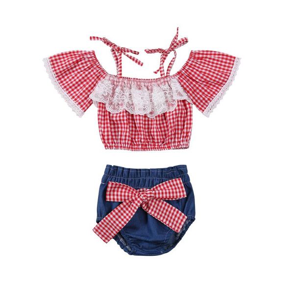 

clothing sets citgeesummer baby girls tracksuits plaid lace straps flare sleeves + high-waist shorts clothes set 0-18months, White