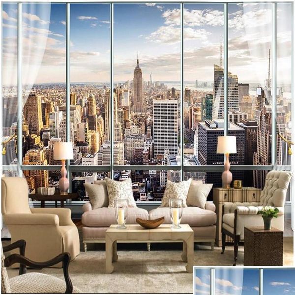 

wholesale-custom p wallpaper 3d stereo large murals modern false windows living sofa bed bedroom new york jllodz warmslove