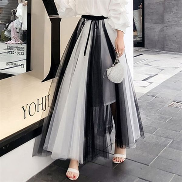 

new summer vintage skirt womens elastic high waist tulle skirts long beach mesh skirt female spring women skirts 210315, Black