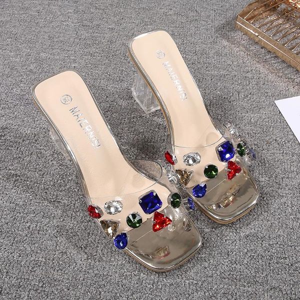 

womens open toe rainbow diamond crystal pvc clear transparent slipper high heel sandals shoes plus size 35-46 new 2021, Black