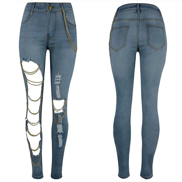 

women's fashion solid slim denim femme dames ripped chain great gat jeans potlood broek high taille streetwear #20, Blue