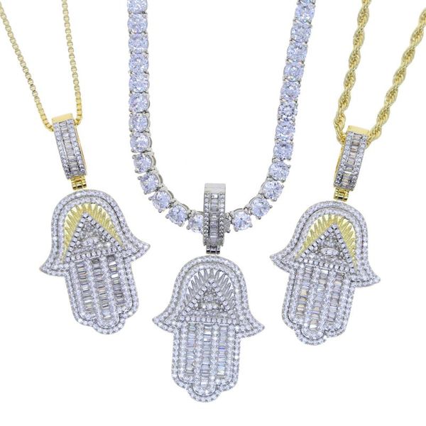 

chains women girls iced out hamsa hand necklace two tone color plated 5a cubic zircon evil eye pendant hip hop turkish luck jewelry, Silver