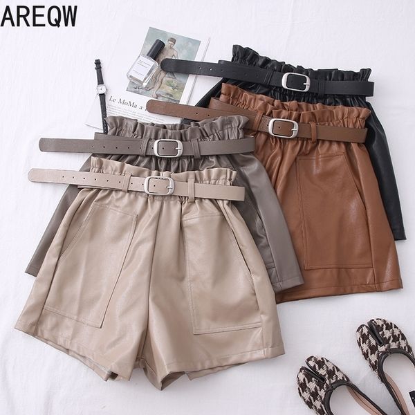 

autumn winter new fashion pu leather high waist shorts women wide leg casual booty shorts 210317, White;black