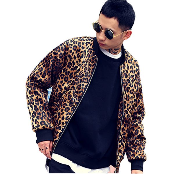 

leopard printing male coat baseball jacket fashion hip hip dance performance outerwear nightclub bar singer stage costume outfit, Black;red