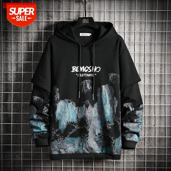 

mountain knitted jumper hoodie streetwear mens hip hop harajuku pullover hoodies fashion patchwork outwear male #yq8j, Black