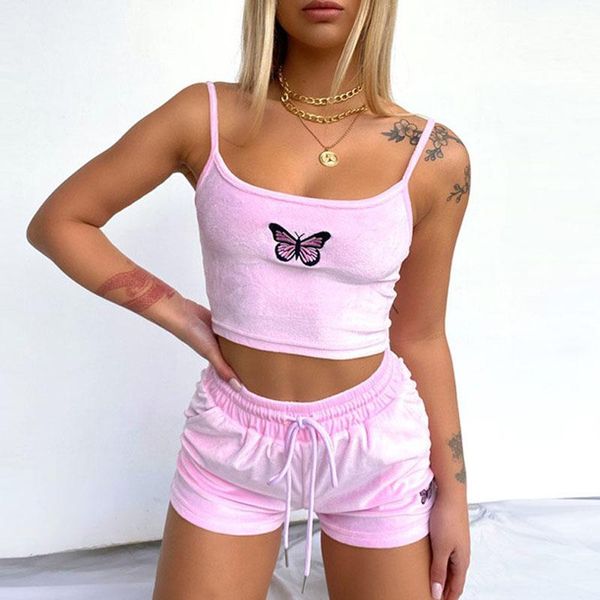 

women's tracksuits women two-pieces set butterfly embroidery pattern short camisole and elastic waist shorts suit summer female casual, Gray