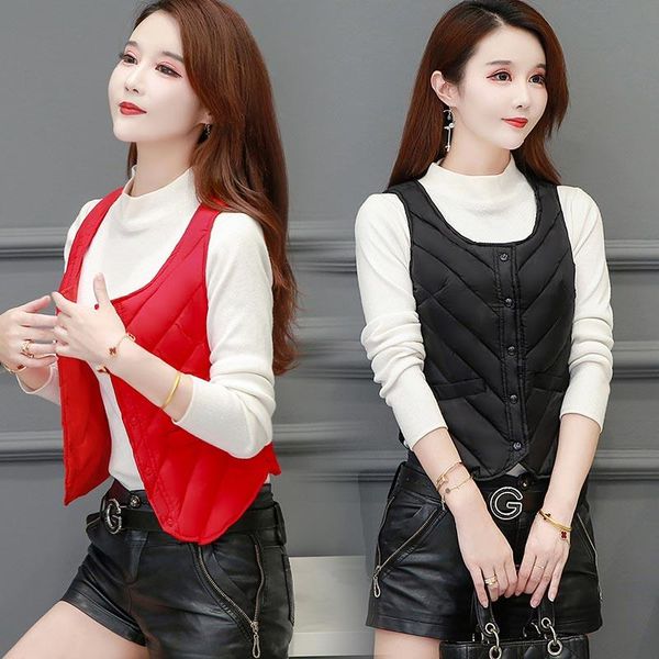 

women's vests women vest winter sleeveless waistcoat warm down cotton jacket black/multicolor elegant korean short outwear, Black;white