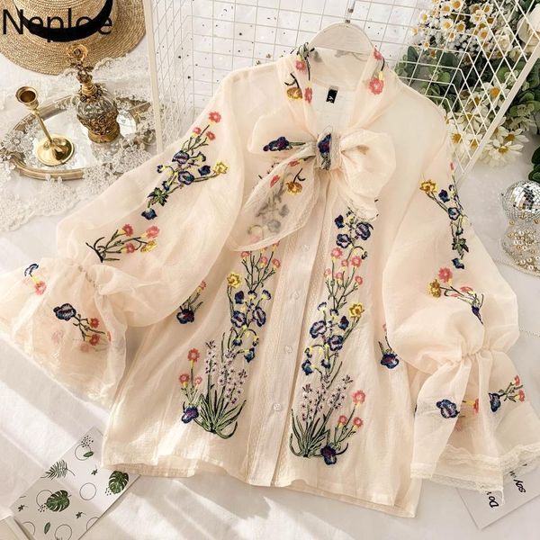 

retro french neploe embroidery flower shirt female design lace up bow puff long sleeve blusas holiday beach loose blouse xiwa, White