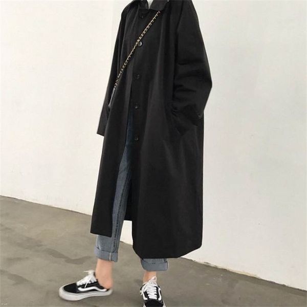 

women trench solid black plus size retro button single breasted loose long length coats streetwear student 211021, Tan;black