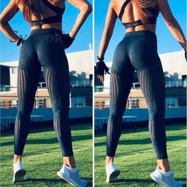 

fitness high waist pants women legging hollow out sport workout elastic quick drying knitted breathable sportswe, Black
