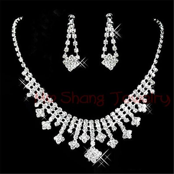 

earrings & necklace small square full crystal wedding bridal prom rhinestone necklace&earrings jewelry sets for women valentine's day g, Silver