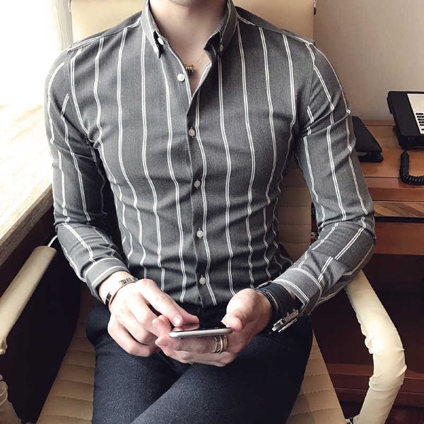 

striped shirt men long sleeve men dress business shirts casual slim fit streetwear formal social clothing camisa 210527, White;black