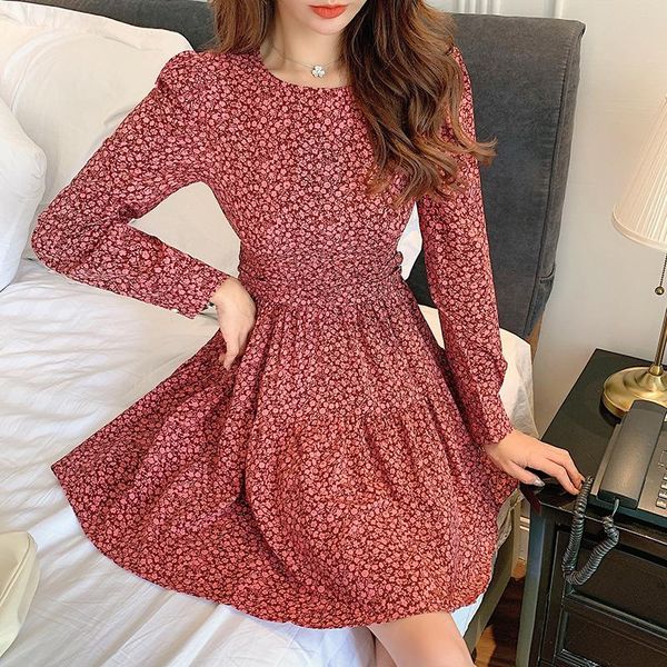 

casual dresses autumn winter vintage women long sleeve dress round neck floral print bubble slim fit versatile bottoming, Black;gray