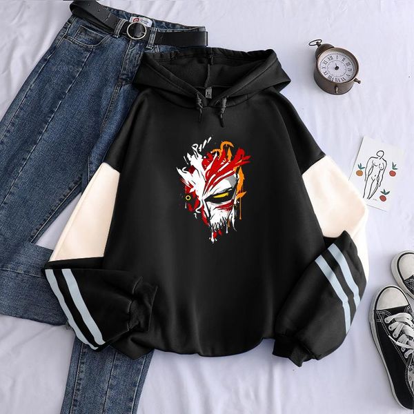 

men's hoodies & sweatshirts harajuku anime bleach ichigo kurosaki men cool cartoon mask graphics long sleeve oversized winter patchwork, Black