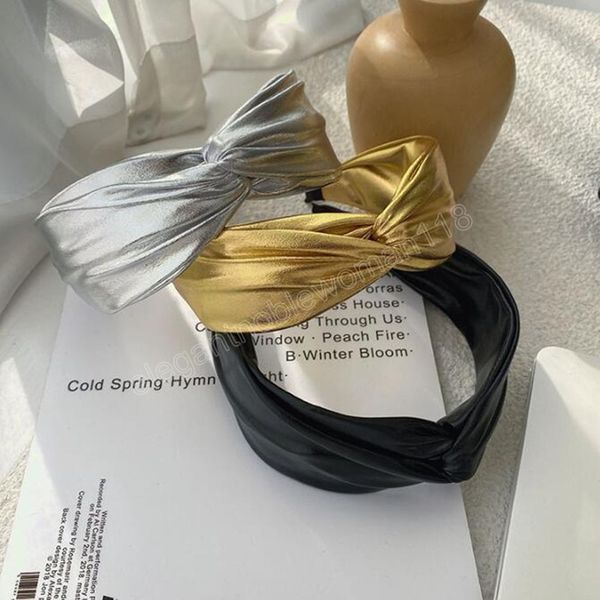 

fashion women headband wide side pu leather hairband cross knot turban headwear hair accessories, Silver