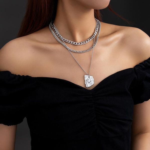 

chains punk style minimalist cuban chain exotic pendant multilayer necklace, Silver