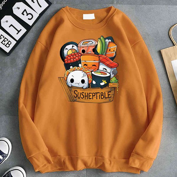 

men's long sved round neck sweatshirt, cartoon sushi printed sweater, hip-hop style, retro street animation clothing, autumn wool round, Black