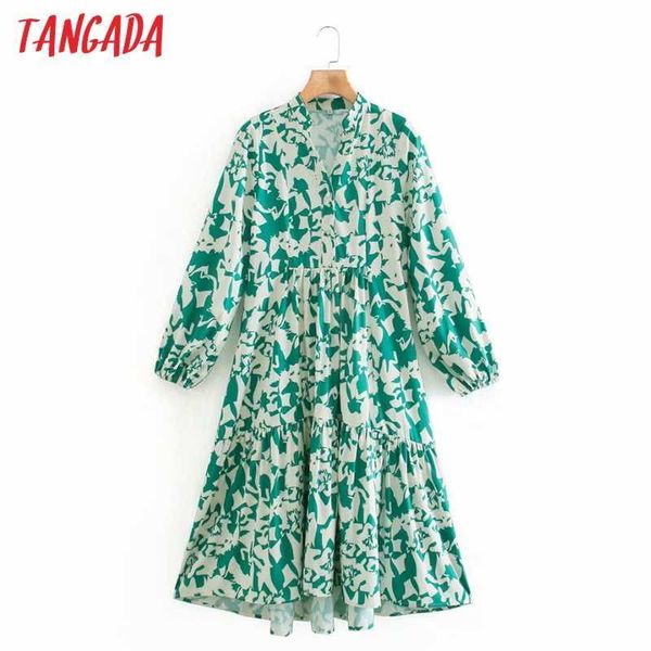

tangada fashion women green floral print midi dress long sleeve ladies loose shirt dress xn195 210609, Black;gray