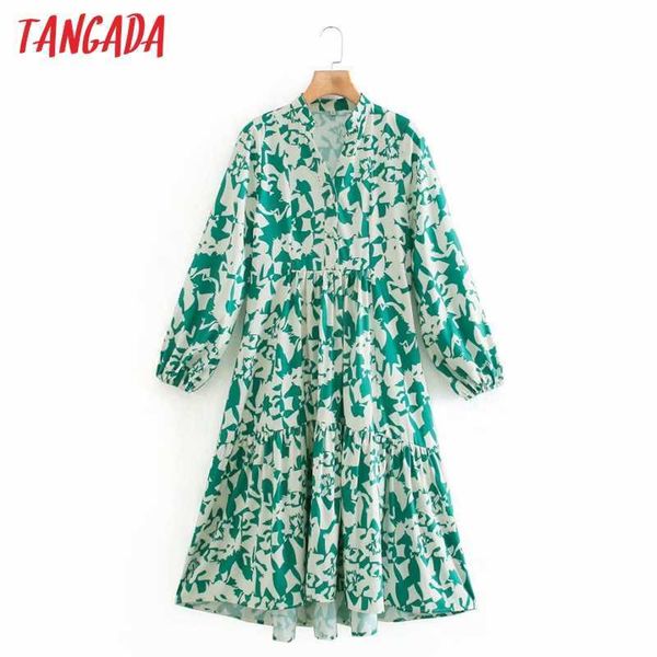 Tangada moda mulheres verde cópia floral midi vestido manga longa senhoras camisa solta vestido xn195 210609