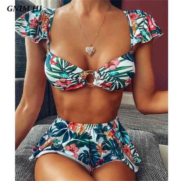 

gnim ruffle bikini swimsuit up 2021 waist print swimwear two pieces summer high cut swim bathing suit women, White;black