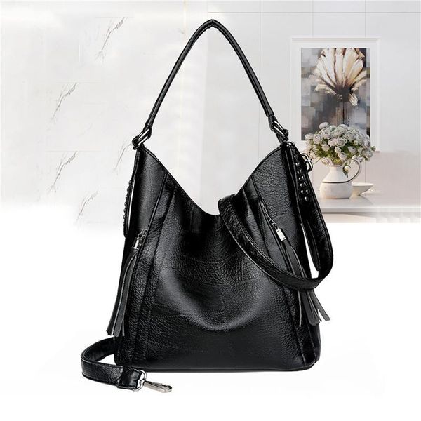 

leather body patchwork female bag simple large size vintage soft bags women shoulder lady handbag bucket for cross big bags udeom